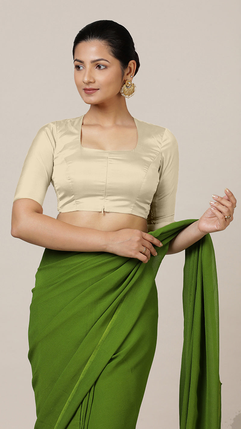 Aziza x Rozaana | Elbow Sleeves Saree Blouse in Cream-Binks