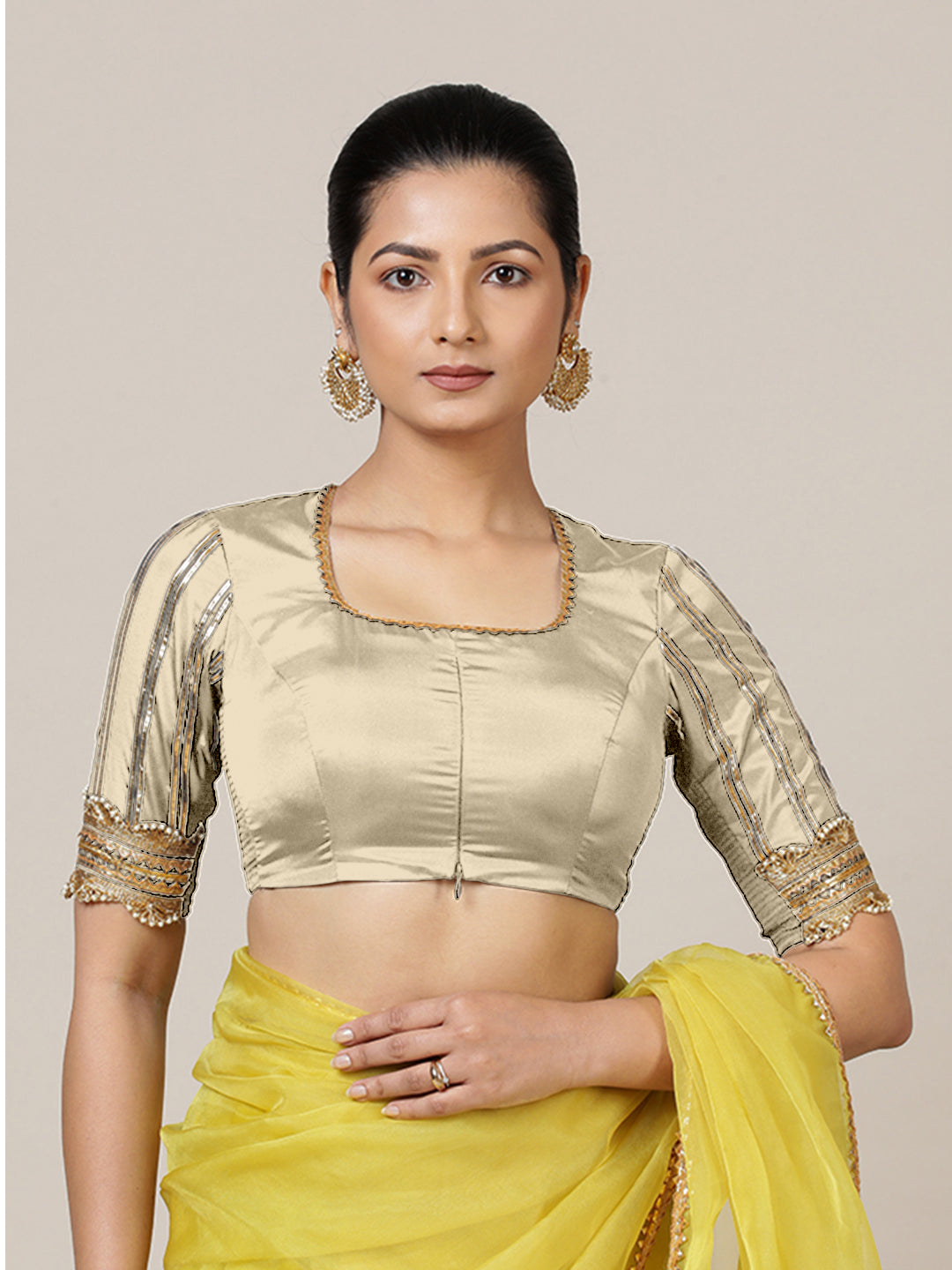 Aziza x Tyohaar Saree Blouse, in Cream Vegan Silk, featuring elbow sleeves and square neckline, made for party & festive.