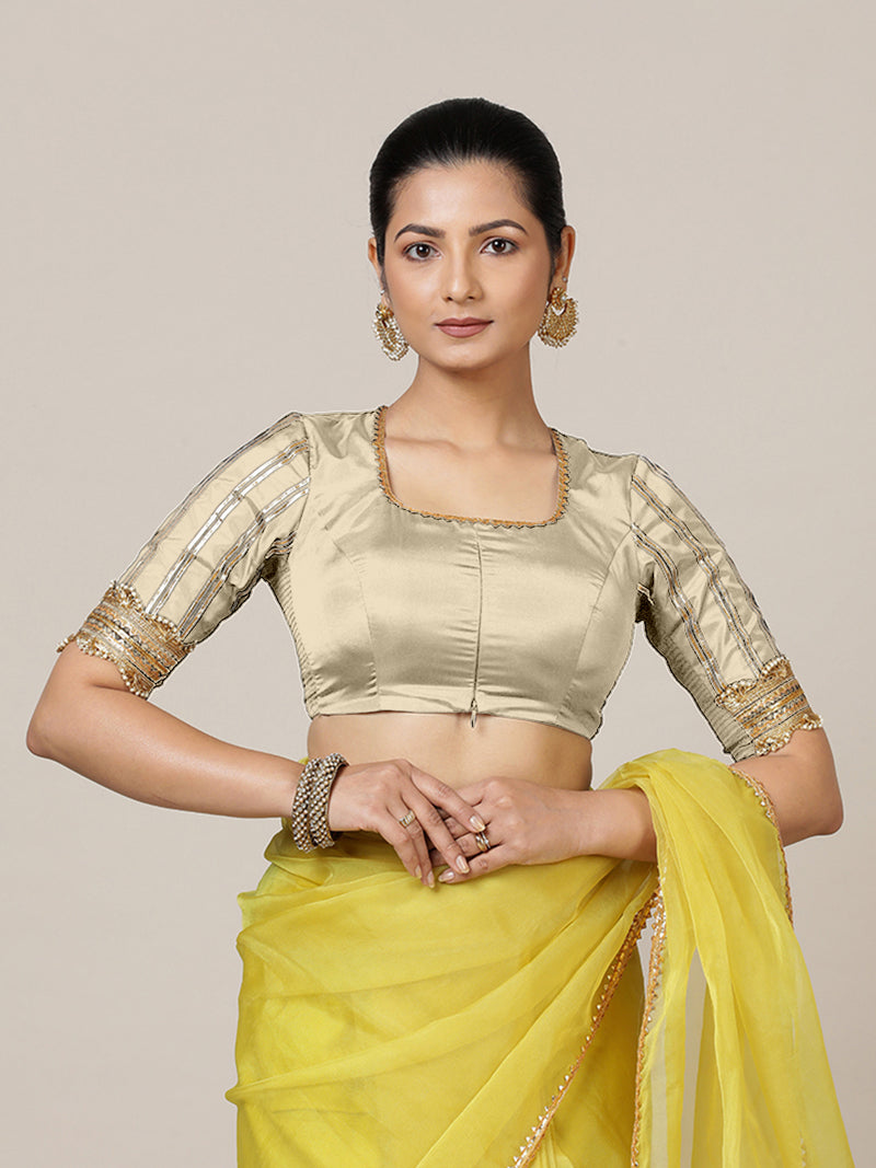 Aziza x Tyohaar | Elbow Sleeves Saree Blouse in Cream-Binks