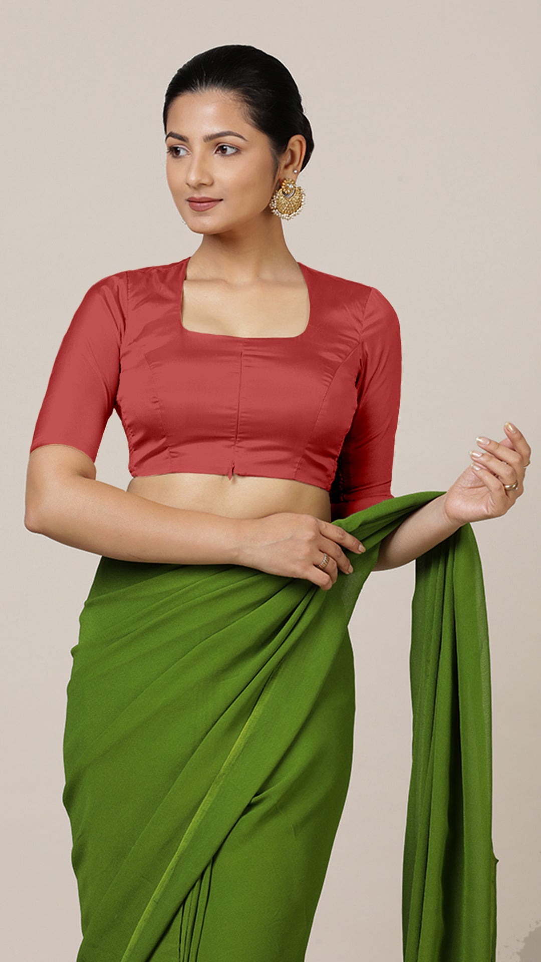 Aziza x Rozaana Saree Blouse, in Red Vegan Silk, featuring elbow sleeves and square neckline, made for daily & work.