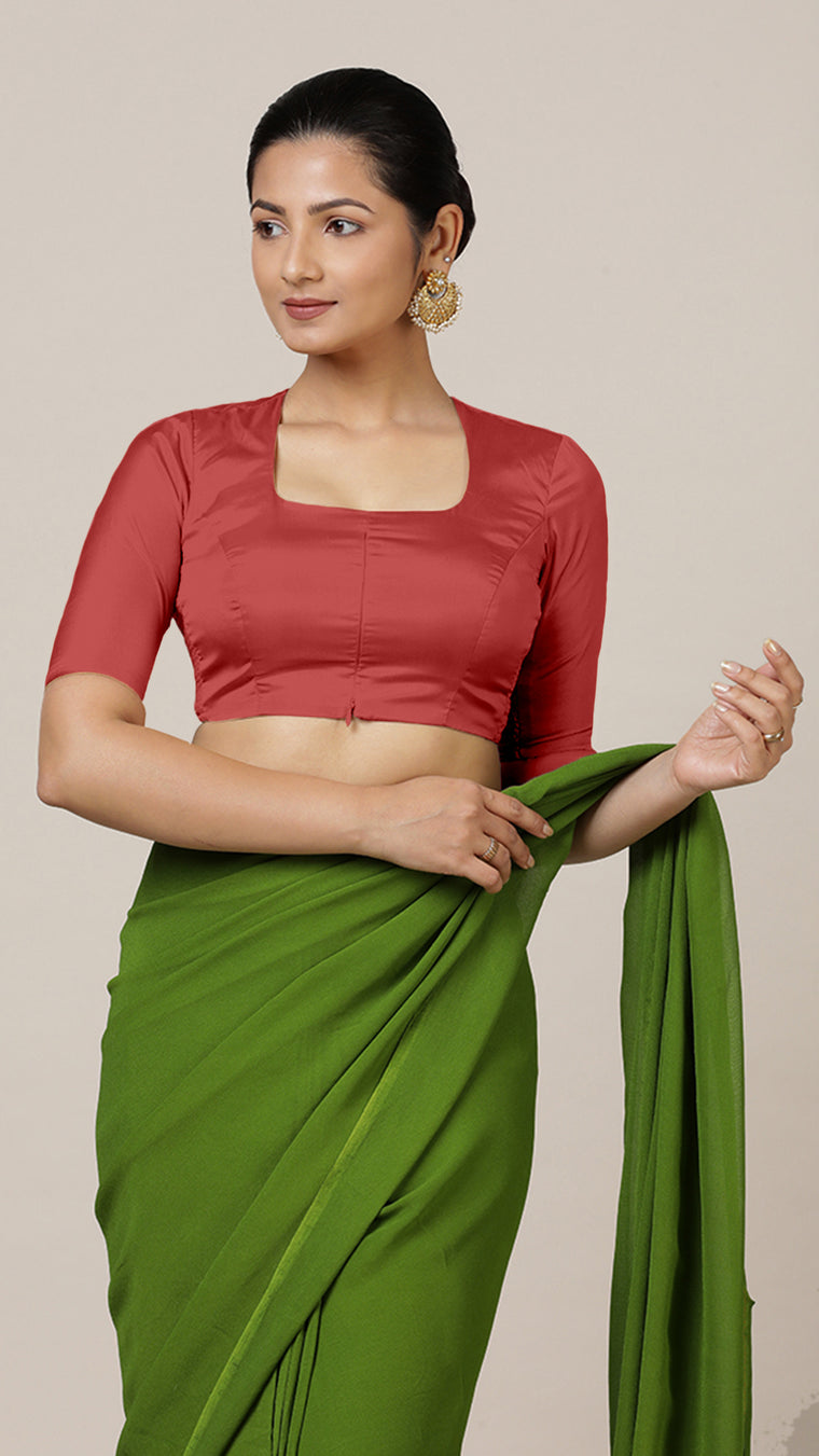 Aziza x Rozaana Saree Blouse, in Red Vegan Silk, featuring elbow sleeves and square neckline, made for daily & work.