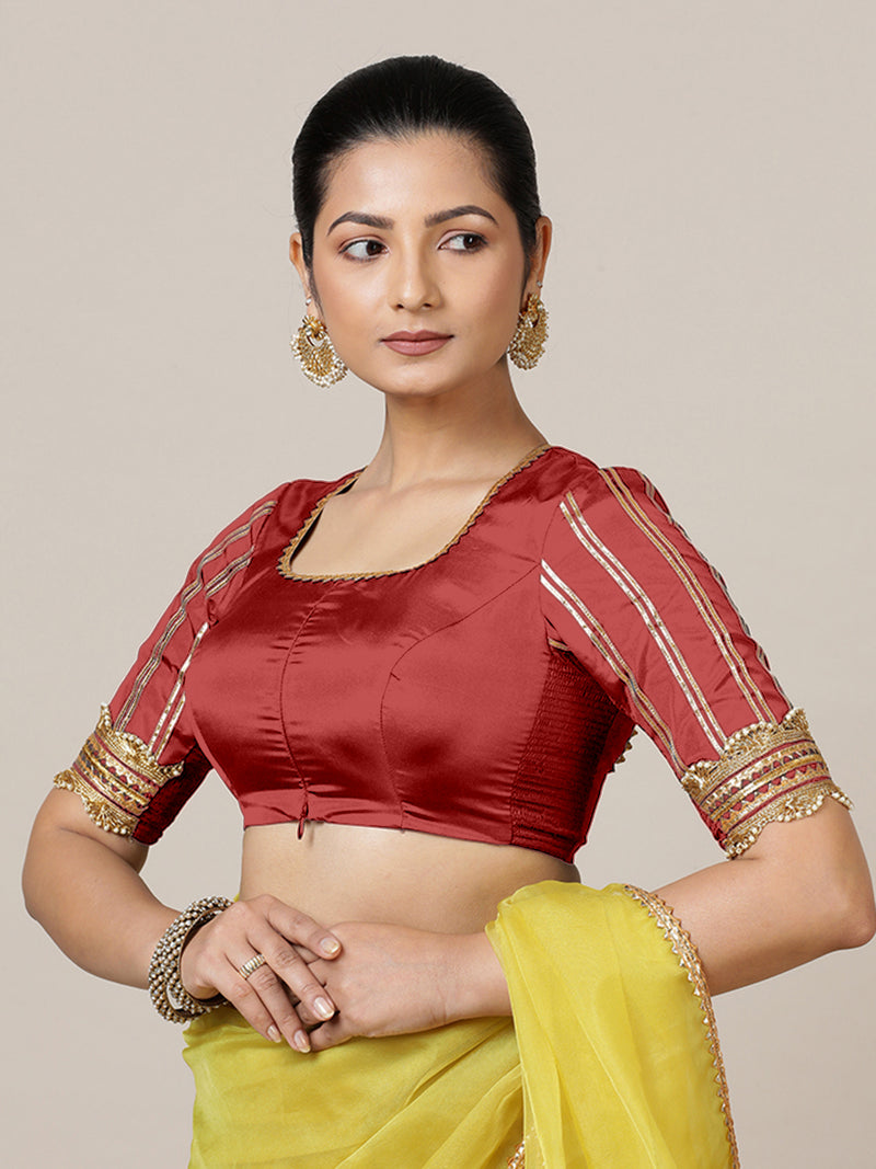 Aziza x Tyohaar | Elbow Sleeves Saree Blouse in Crimson Red-Binks