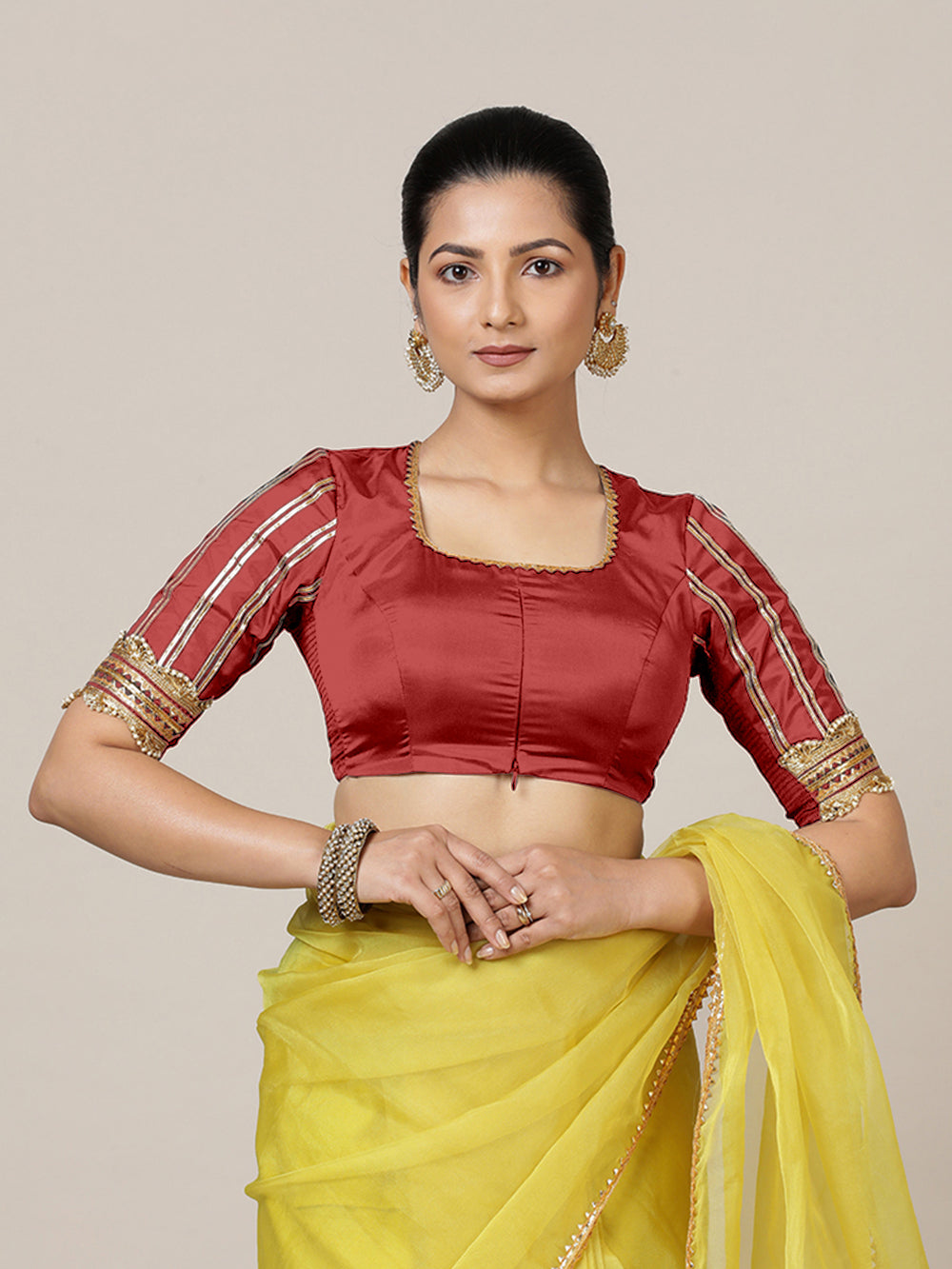 Aziza x Tyohaar | Elbow Sleeves Saree Blouse in Crimson Red