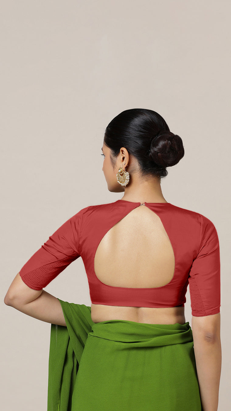 Aziza x Rozaana Saree Blouse, in Red Vegan Silk, featuring elbow sleeves and square neckline, made for daily & work (view 2).