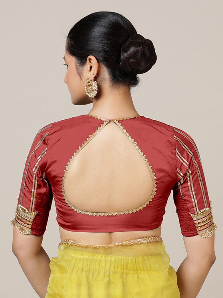 Aziza x Tyohaar Saree Blouse, in Red Vegan Silk, featuring elbow sleeves and square neckline, made for party & festive (view 2).