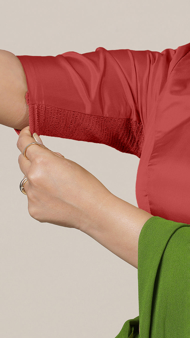 Aziza x Rozaana Saree Blouse, in Red Vegan Silk, featuring elbow sleeves and square neckline, made for daily & work (view 3).