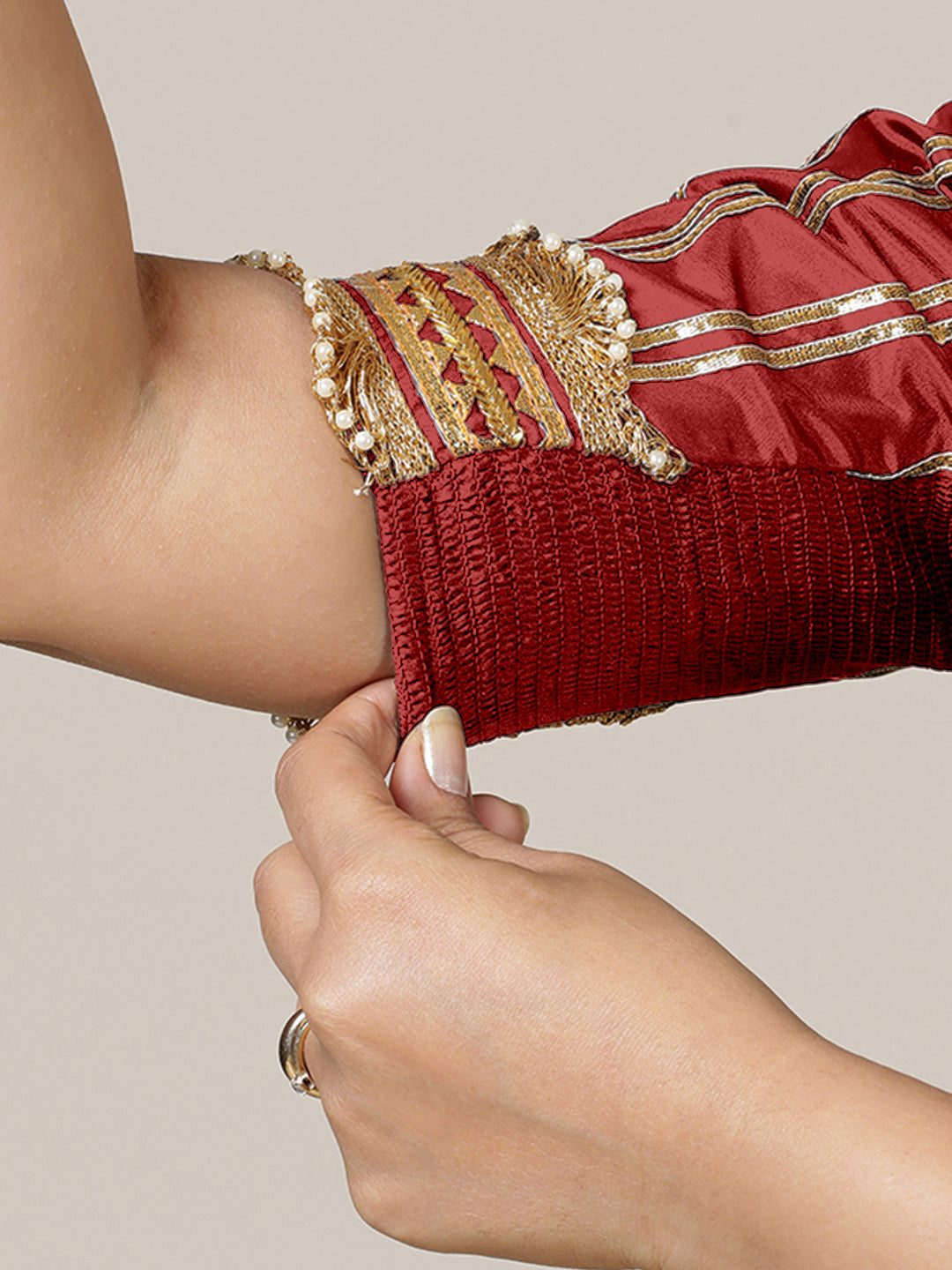 Aziza x Tyohaar Saree Blouse, in Red Vegan Silk, featuring elbow sleeves and square neckline, made for party & festive (view 5).
