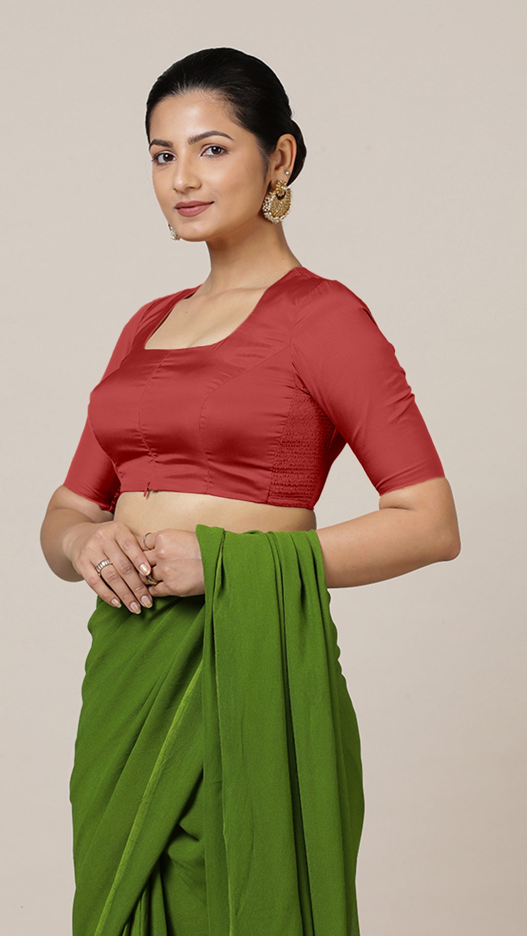 Aziza x Rozaana Saree Blouse, in Red Vegan Silk, featuring elbow sleeves and square neckline, made for daily & work (view 6).