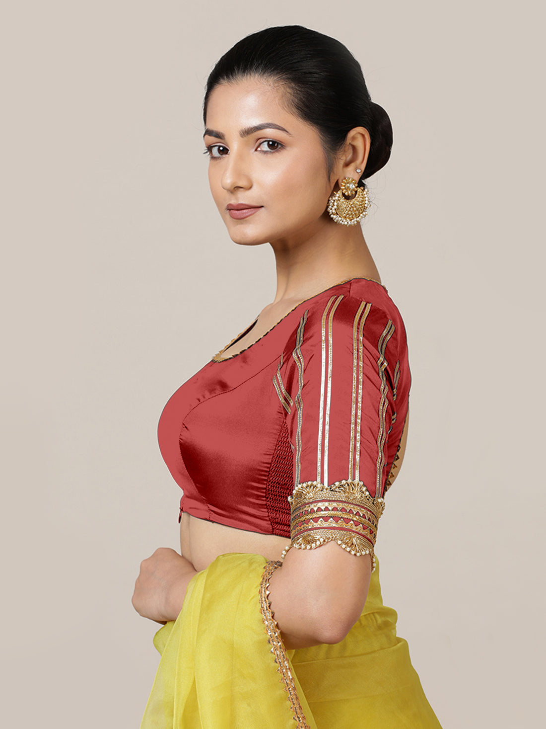 Aziza x Tyohaar Saree Blouse, in Red Vegan Silk, featuring elbow sleeves and square neckline, made for party & festive (view 6).