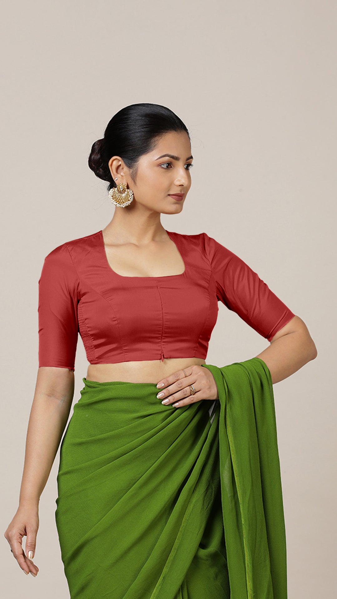 Aziza x Rozaana Saree Blouse, in Red Vegan Silk, featuring elbow sleeves and square neckline, made for daily & work (view 7).