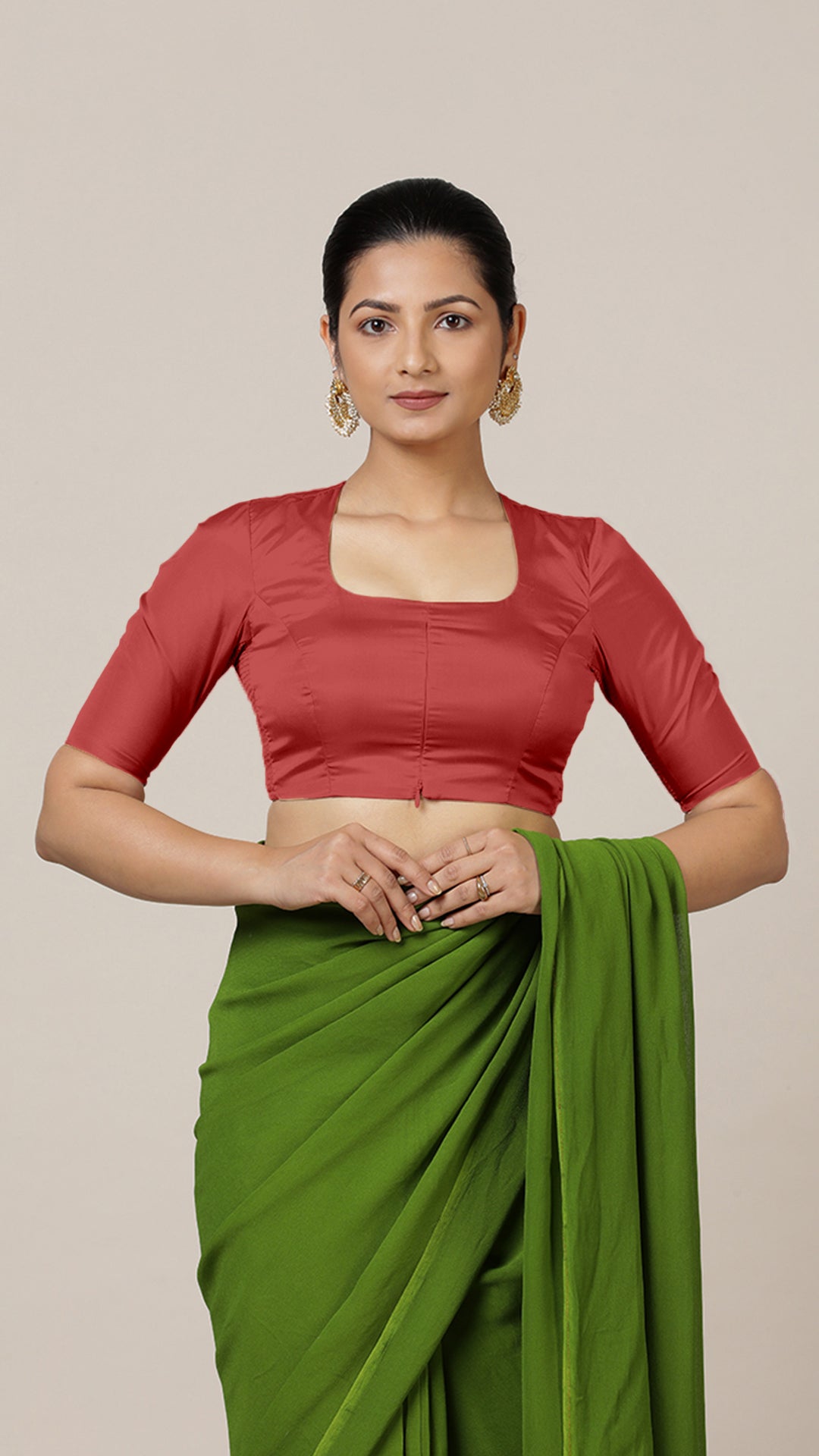 Aziza x Rozaana Saree Blouse, in Red Vegan Silk, featuring elbow sleeves and square neckline, made for daily & work (view 8).