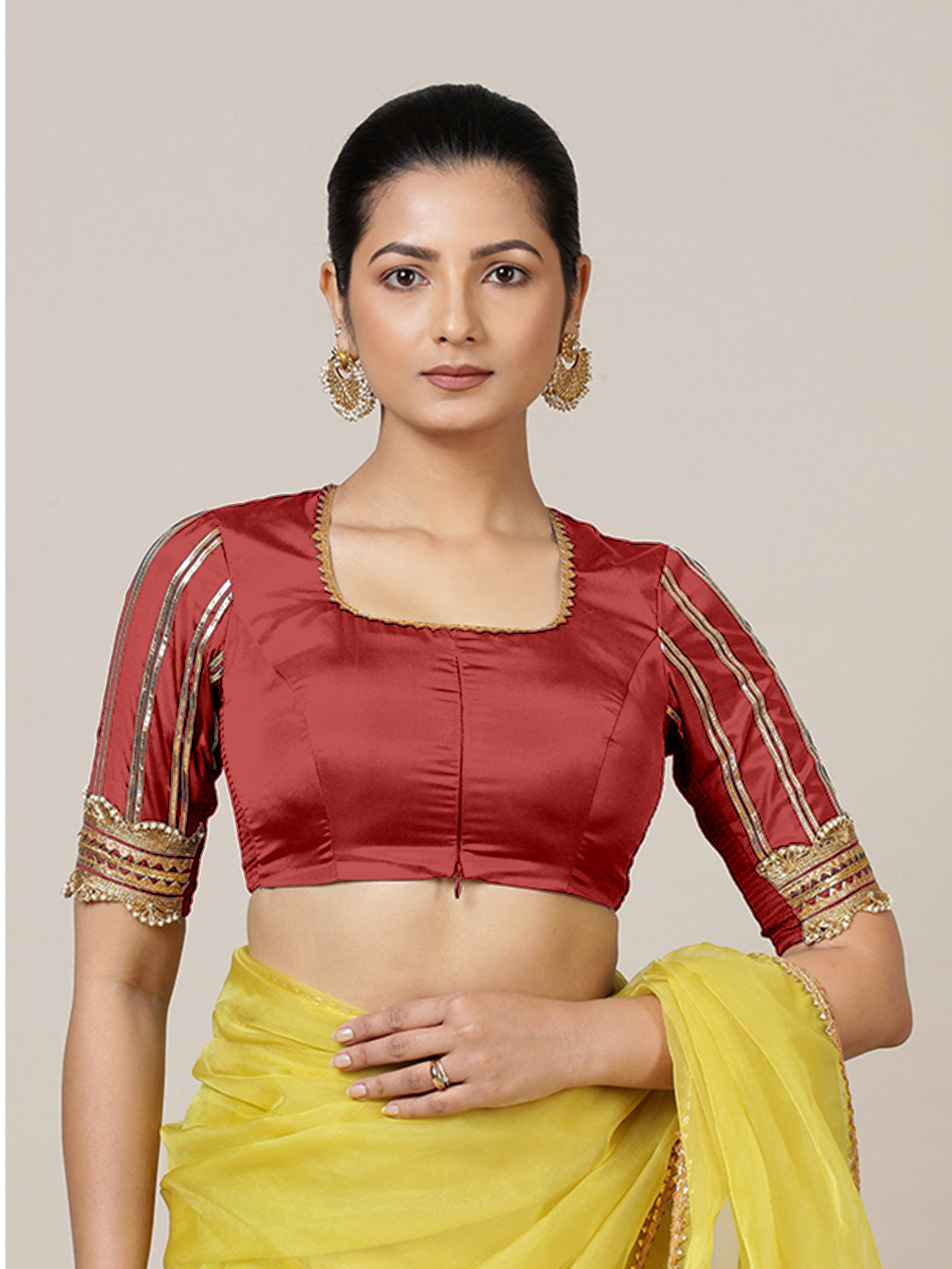 Aziza x Tyohaar Saree Blouse, in Red Vegan Silk, featuring elbow sleeves and square neckline, made for party & festive (view 8).