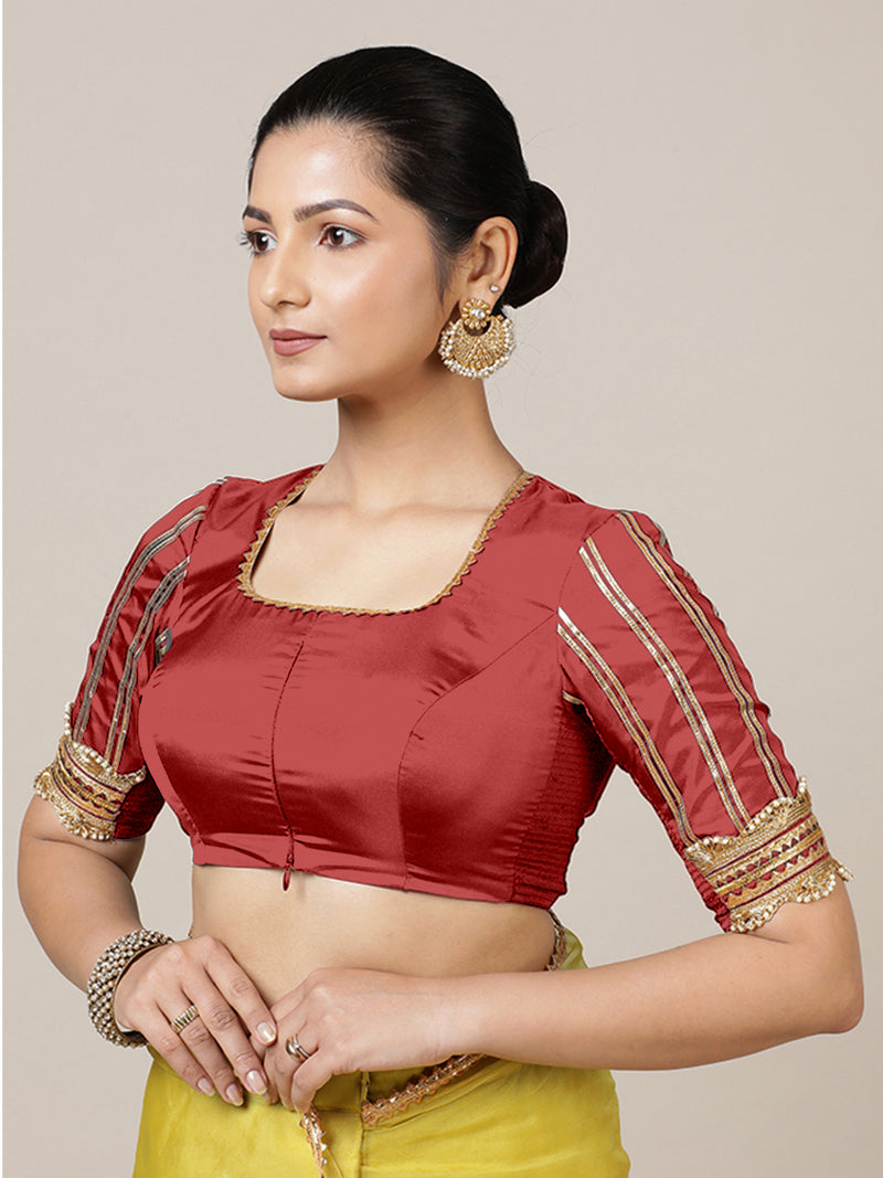 Aziza x Tyohaar | Elbow Sleeves Saree Blouse in Crimson Red-Binks