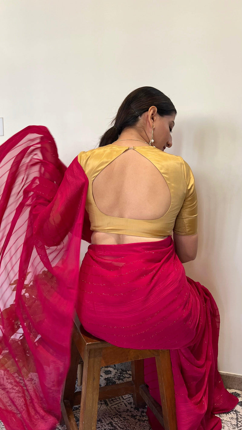 Aziza x Rozaana | Elbow Sleeves Saree Blouse in Gold-Binks