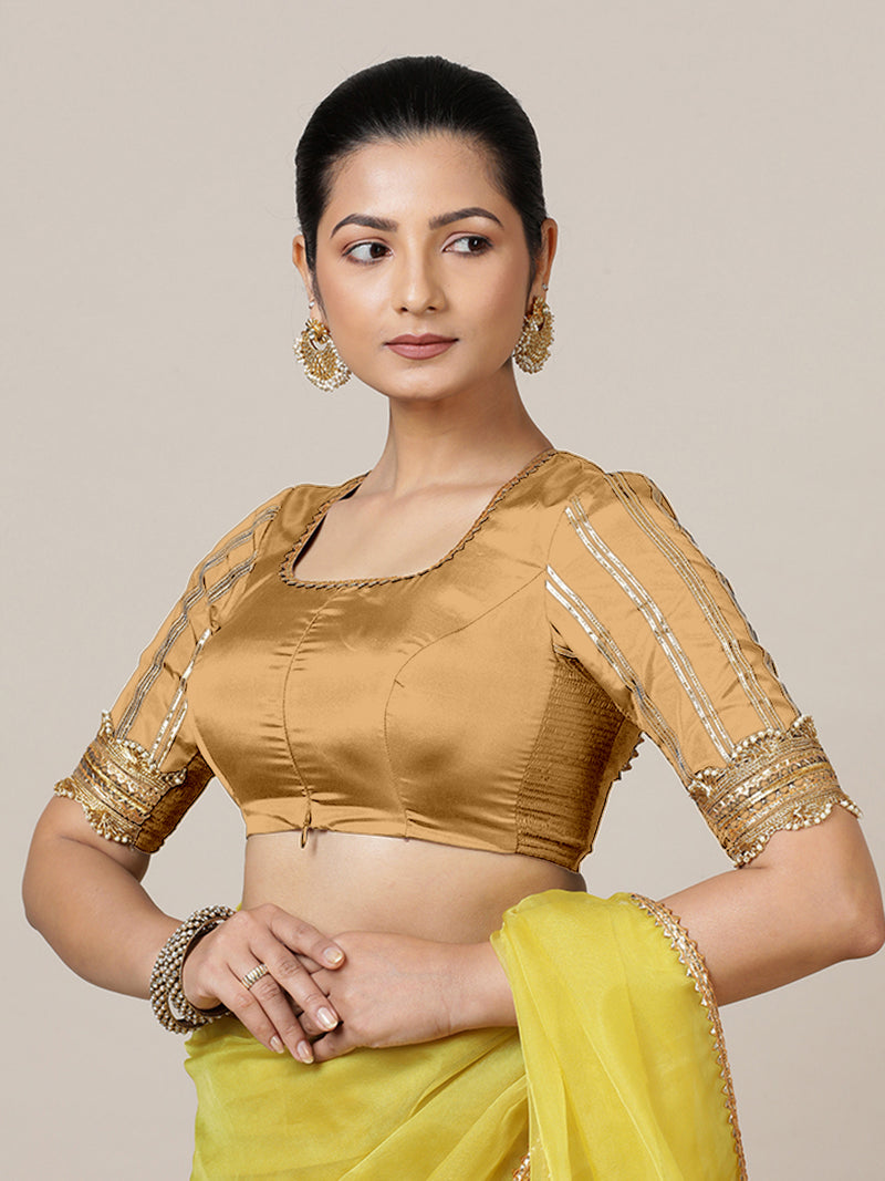 Aziza x Tyohaar | Elbow Sleeves Saree Blouse in Gold-Binks