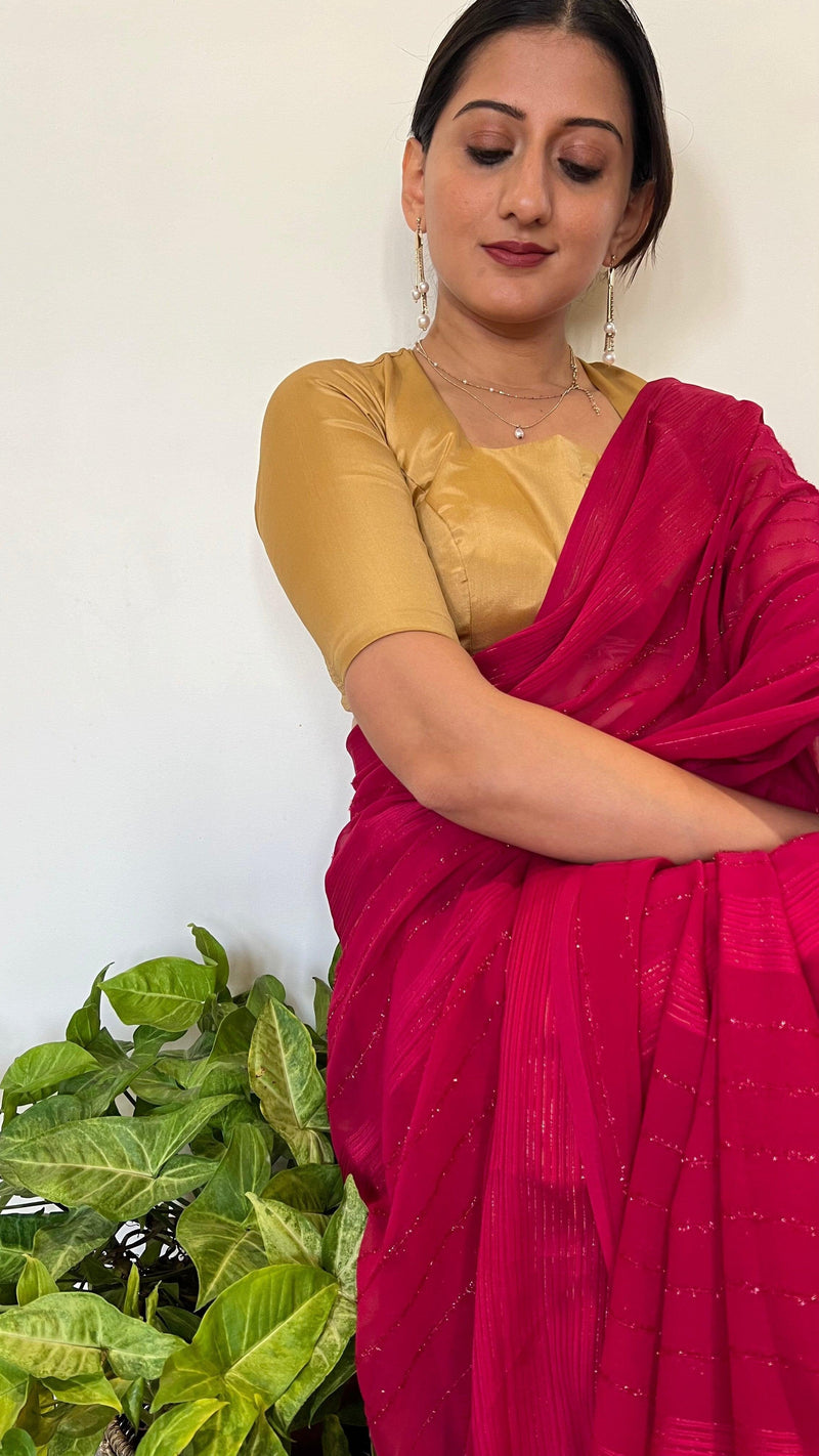 Aziza x Rozaana | Elbow Sleeves Saree Blouse in Gold-Binks