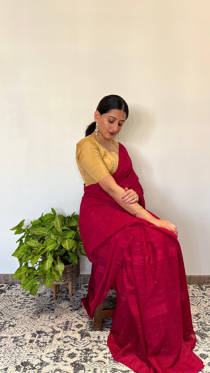 Aziza x Rozaana | Elbow Sleeves Saree Blouse in Gold-Binks