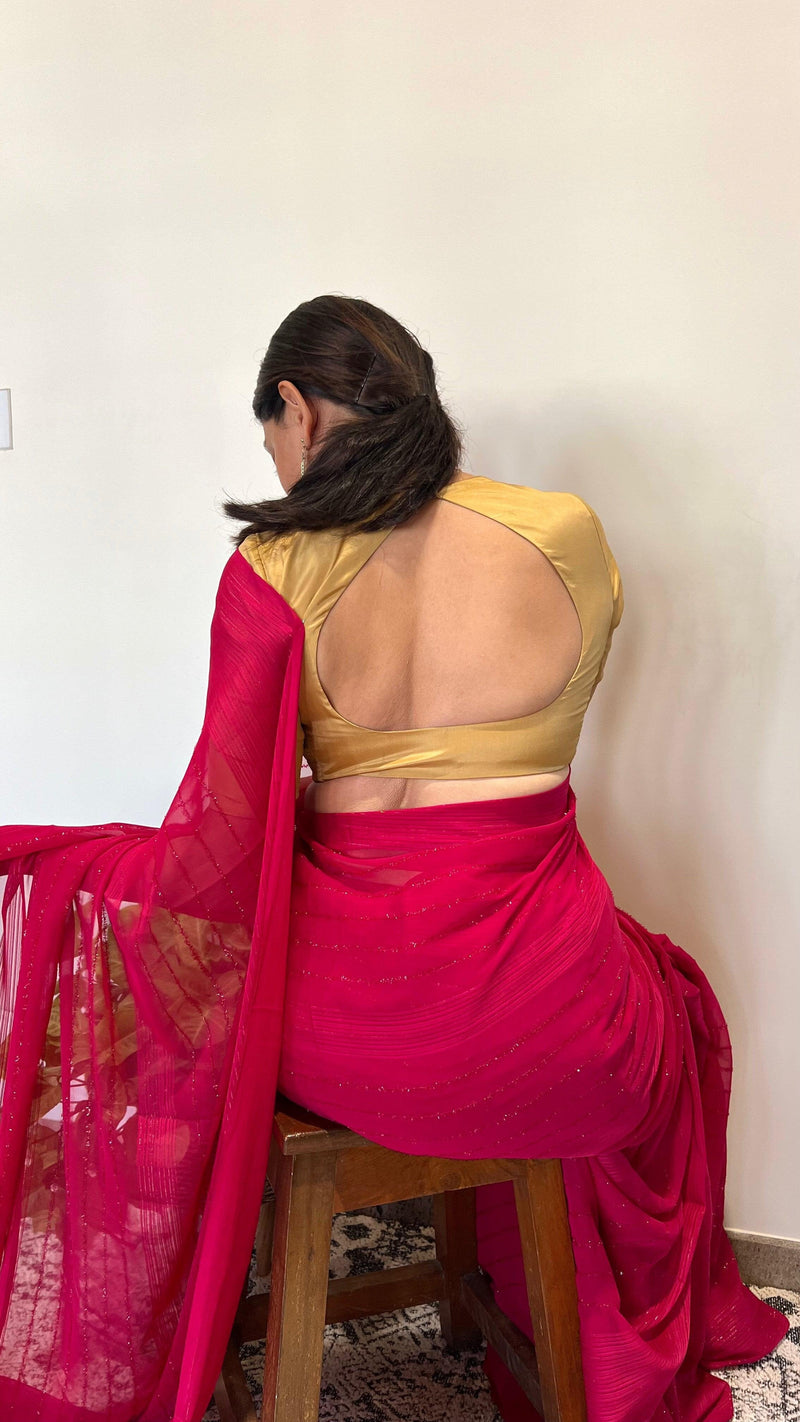 Aziza x Rozaana | Elbow Sleeves Saree Blouse in Gold-Binks