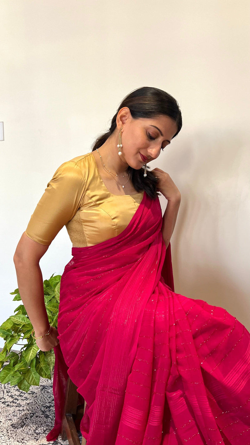 Aziza x Rozaana | Elbow Sleeves Saree Blouse in Gold-Binks