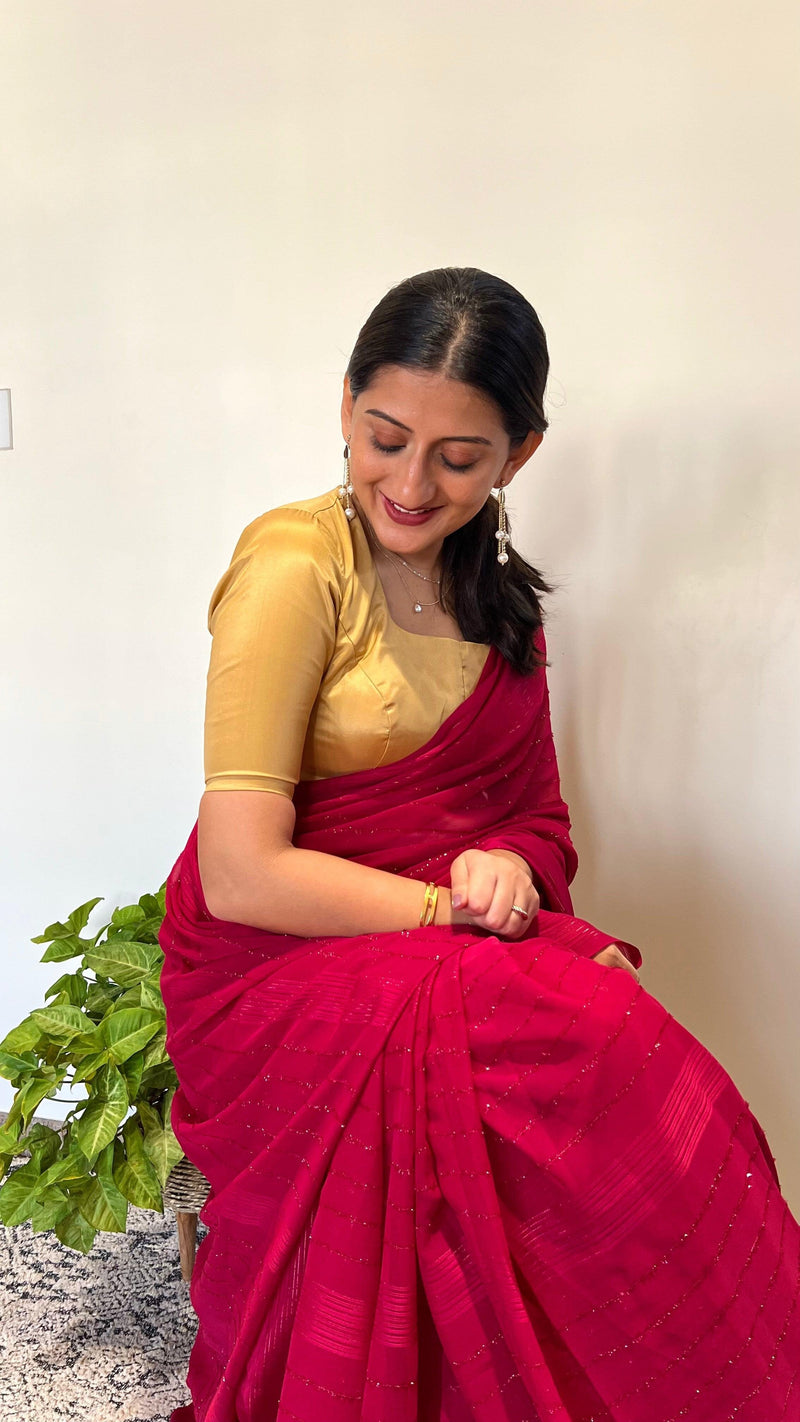 Aziza x Rozaana | Elbow Sleeves Saree Blouse in Gold-Binks