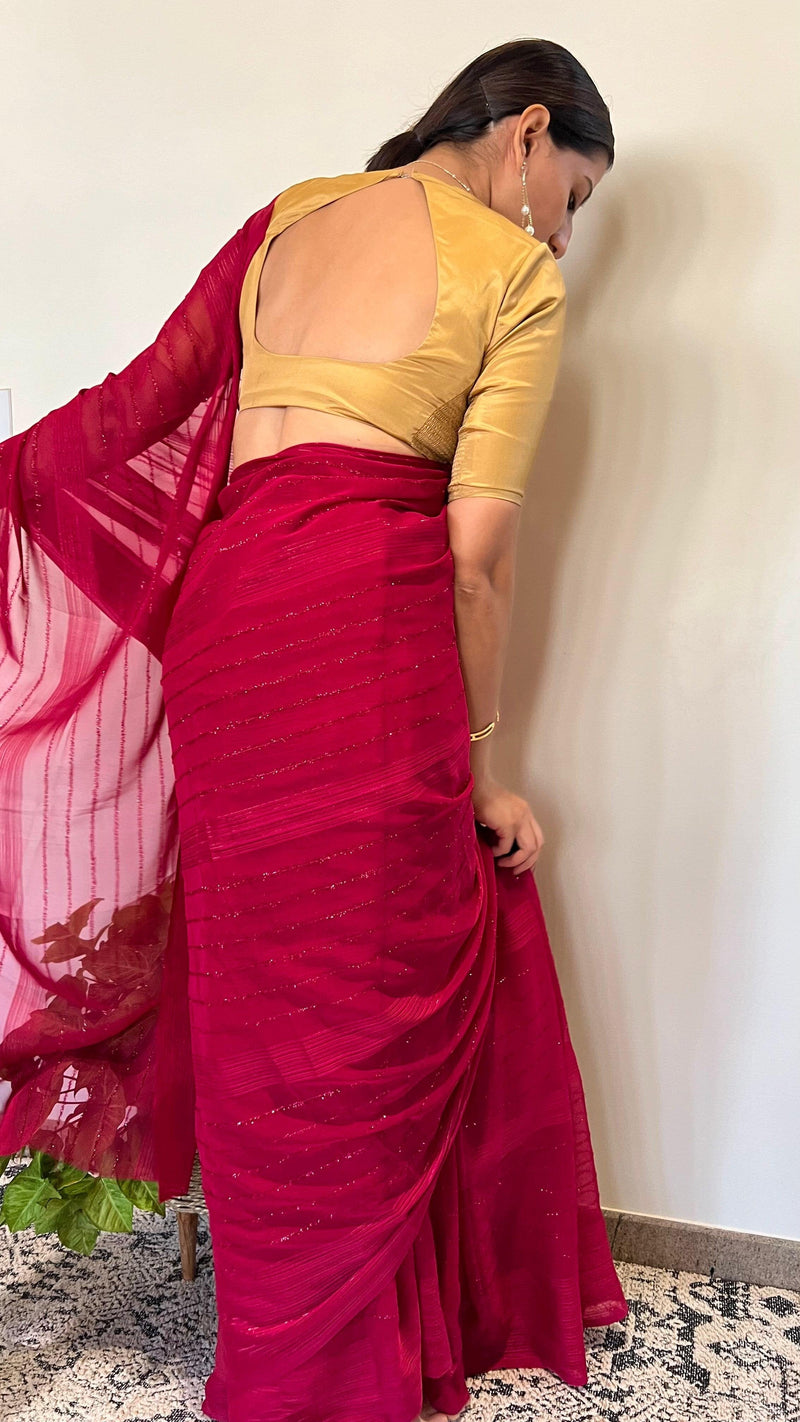 Aziza x Rozaana | Elbow Sleeves Saree Blouse in Gold-Binks