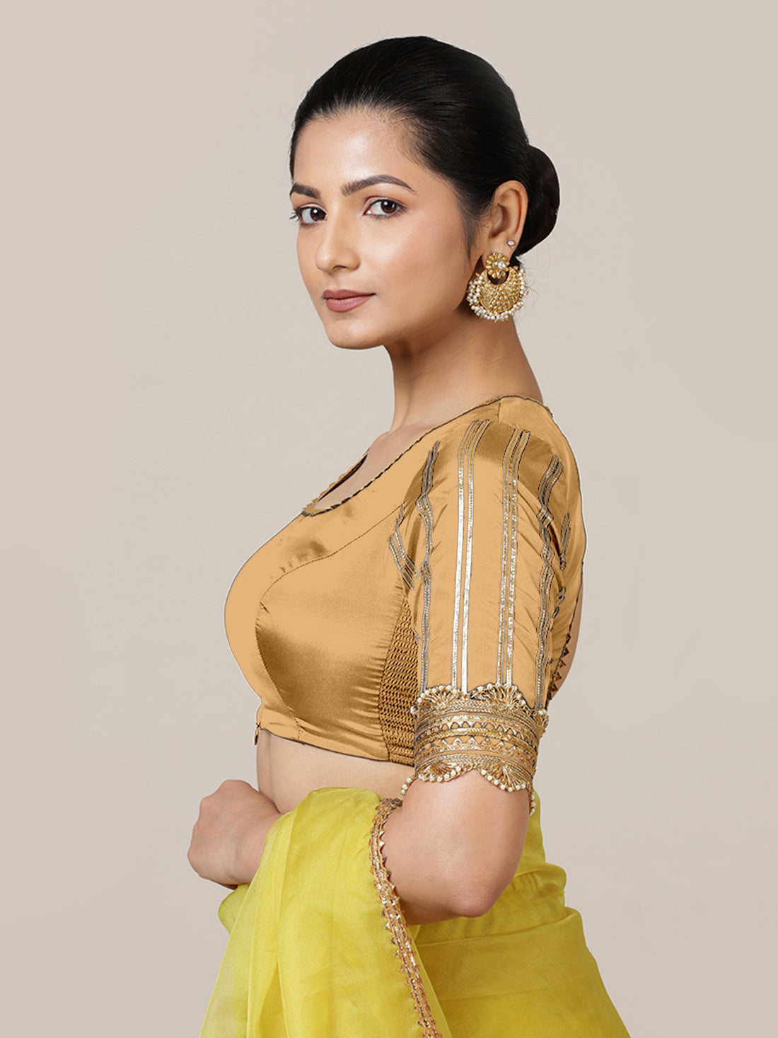 Aziza x Tyohaar Saree Blouse, in Gold Vegan Silk, featuring elbow sleeves and square neckline, made for party & festive.