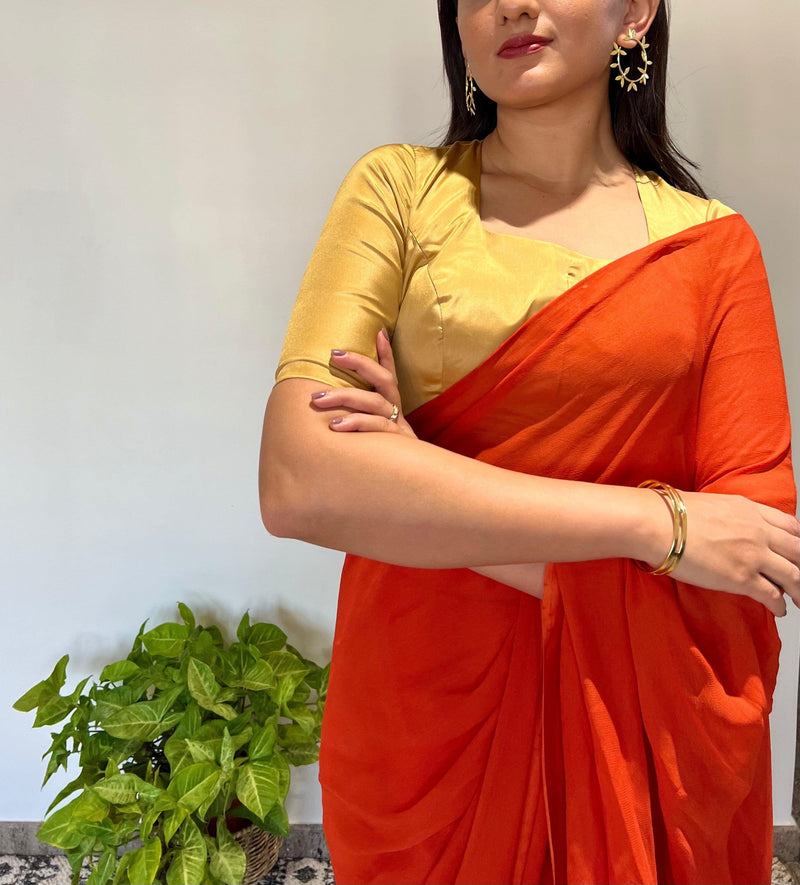 Aziza x Rozaana | Elbow Sleeves Saree Blouse in Gold-Binks