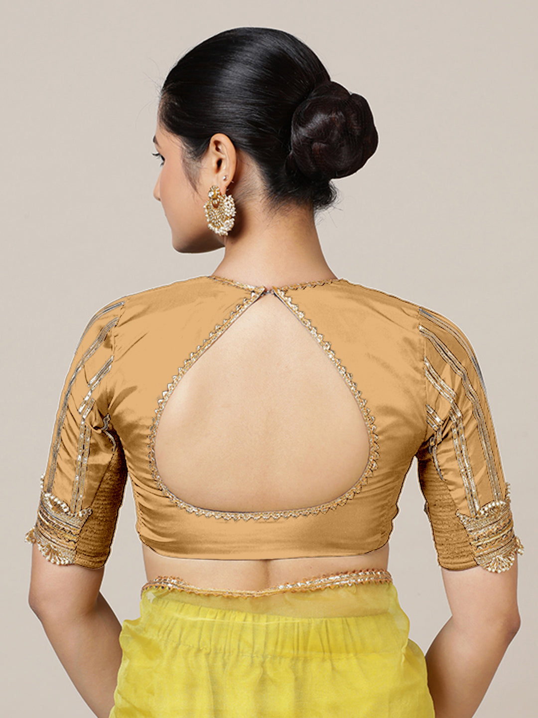 Aziza x Tyohaar Saree Blouse, in Gold Vegan Silk, featuring elbow sleeves and square neckline, made for party & festive.
