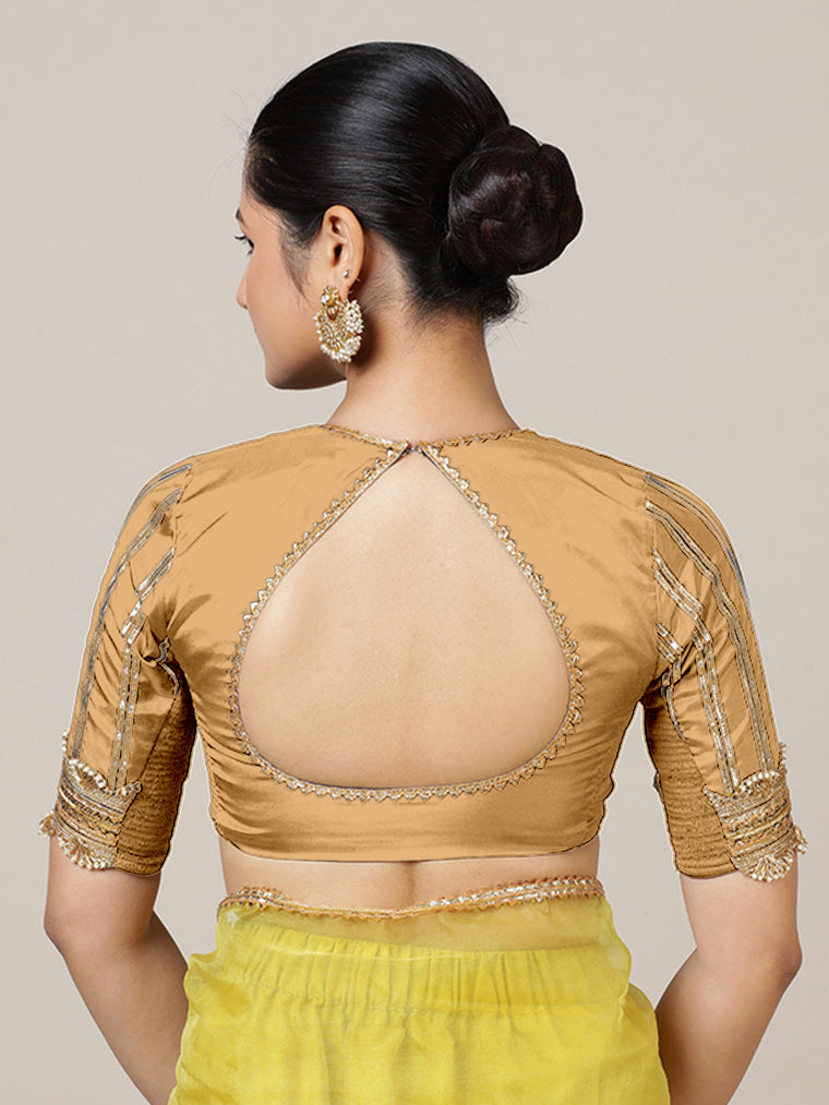 Aziza x Tyohaar Saree Blouse, in Gold Vegan Silk, featuring elbow sleeves and square neckline, made for party & festive.