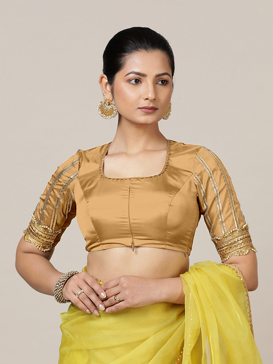 Aziza x Tyohaar Saree Blouse, in Gold Vegan Silk, featuring elbow sleeves and square neckline, made for party & festive.
