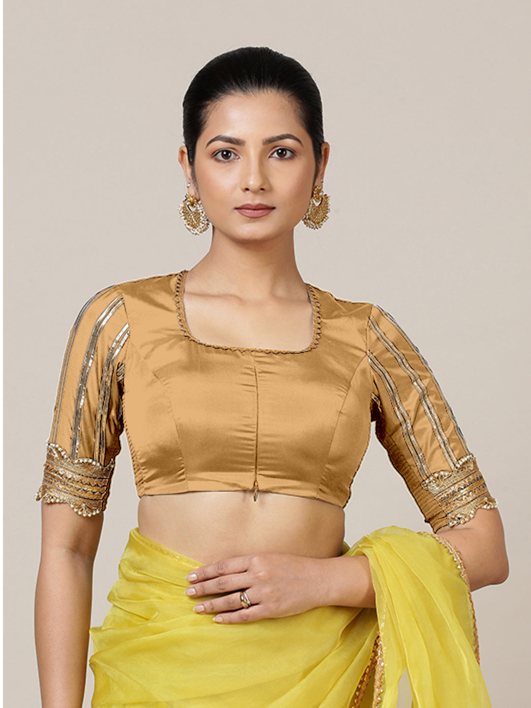 Aziza x Tyohaar Saree Blouse, in Gold Vegan Silk, featuring elbow sleeves and square neckline, made for party & festive.