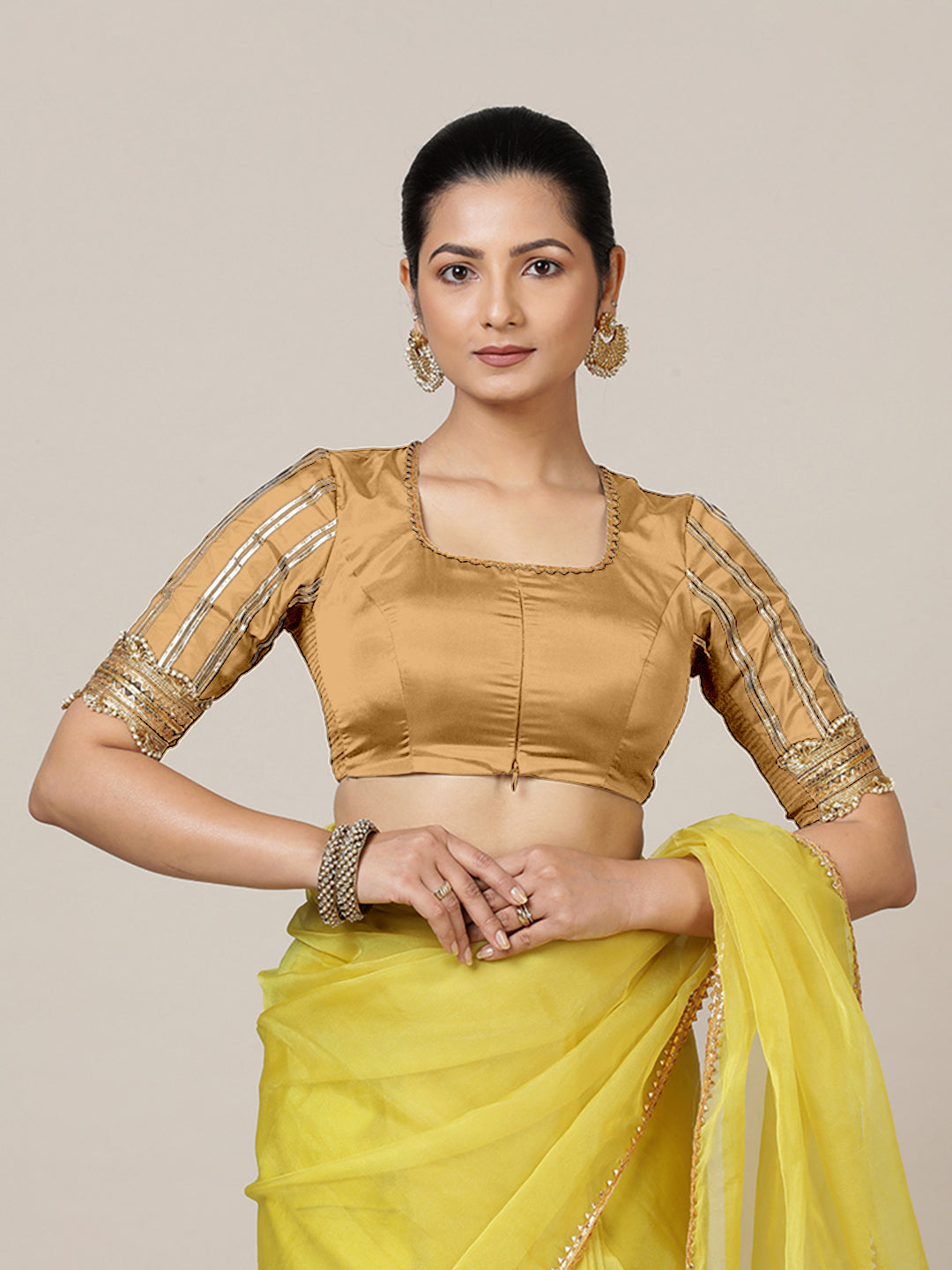 Aziza x Tyohaar Saree Blouse, in Gold Vegan Silk, featuring elbow sleeves and square neckline, made for party & festive.