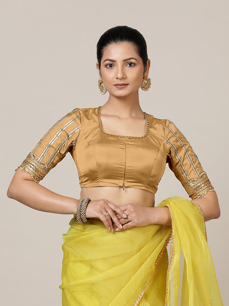 Aziza x Tyohaar | Elbow Sleeves Saree Blouse in Gold-Binks