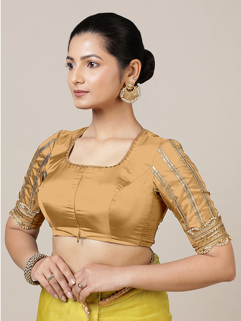 Aziza x Tyohaar | Elbow Sleeves Saree Blouse in Gold-Binks