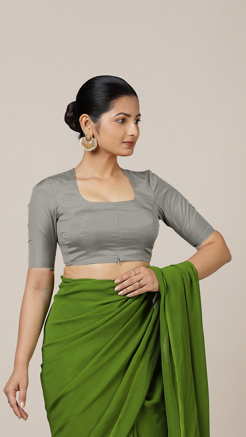 Aziza x Rozaana | Elbow Sleeves Saree Blouse in Grey-Binks