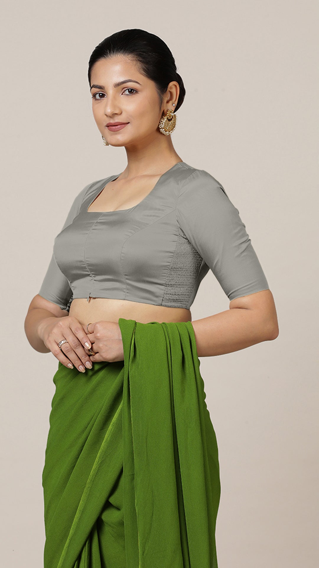 Aziza x Rozaana Saree Blouse, in Grey Vegan Silk, featuring elbow sleeves and square neckline, made for daily & work (view 6).