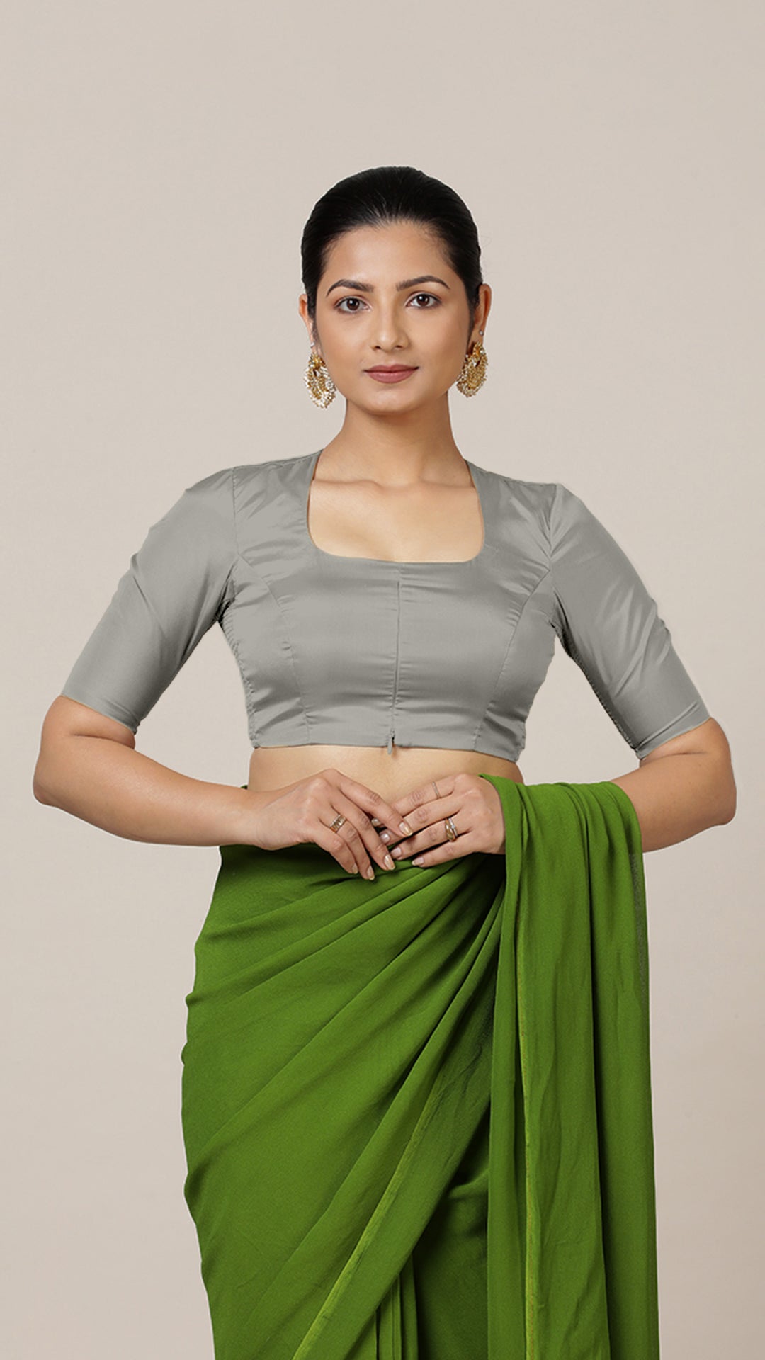 Aziza x Rozaana Saree Blouse, in Grey Vegan Silk, featuring elbow sleeves and square neckline, made for daily & work (view 7).