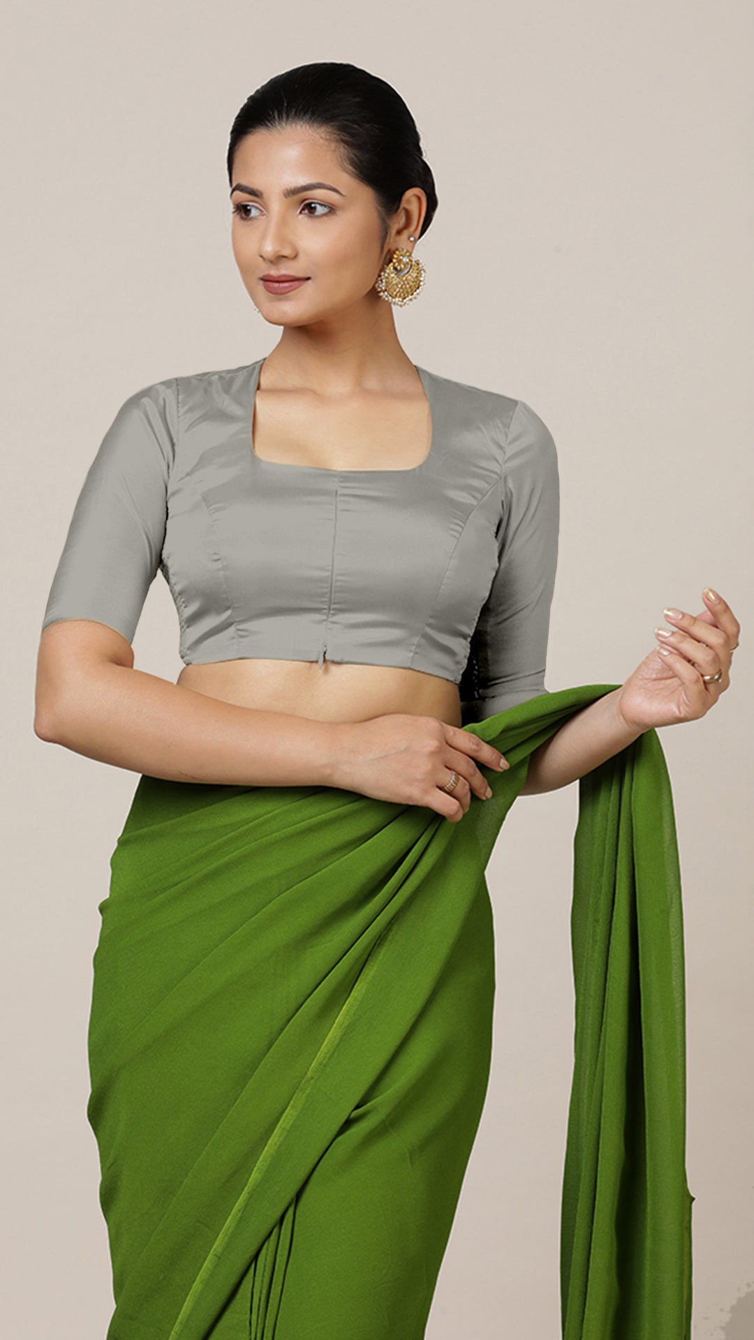 Aziza x Rozaana Saree Blouse, in Grey Vegan Silk, featuring elbow sleeves and square neckline, made for daily & work (view 8).