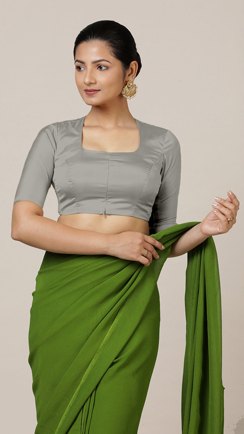 Aziza x Rozaana | Elbow Sleeves Saree Blouse in Grey-Binks