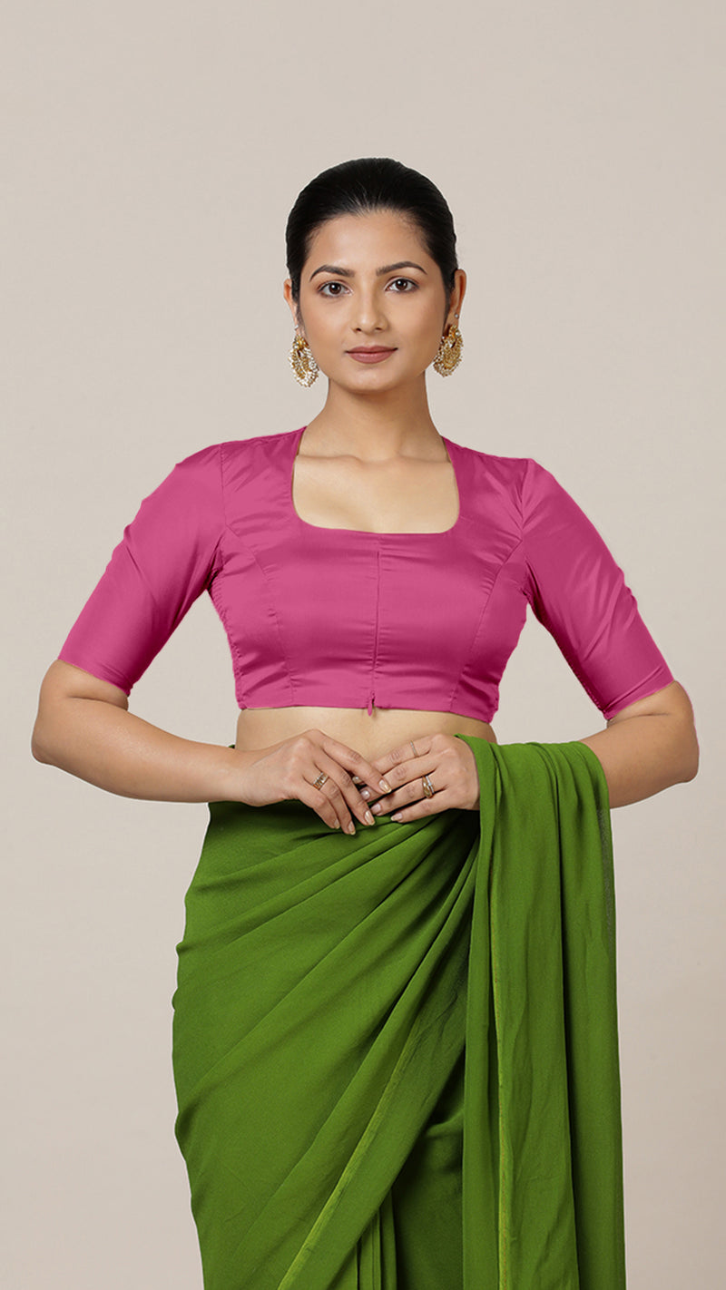 Aziza x Rozaana | Elbow Sleeves Hot Pink FlexiFit™ Saree Blouse with Square Neck-Binks