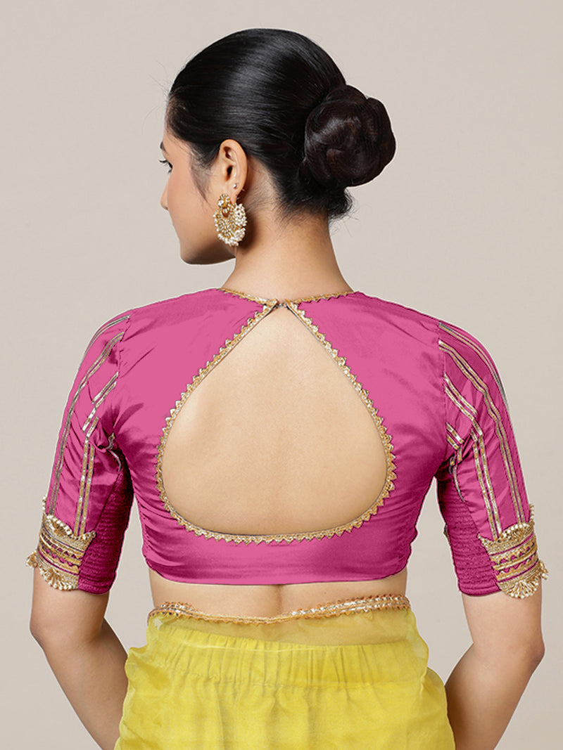 Aziza x Tyohaar | Elbow Sleeves Hot Pink FlexiFit™ Gota Embellished Saree Blouse with Square Neck-Binks