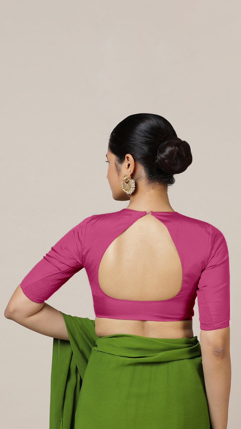 Aziza x Rozaana | Elbow Sleeves Hot Pink FlexiFit™ Saree Blouse with Square Neck-Binks