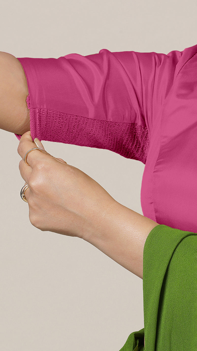 Aziza x Rozaana | Elbow Sleeves Hot Pink FlexiFit™ Saree Blouse with Square Neck-Binks