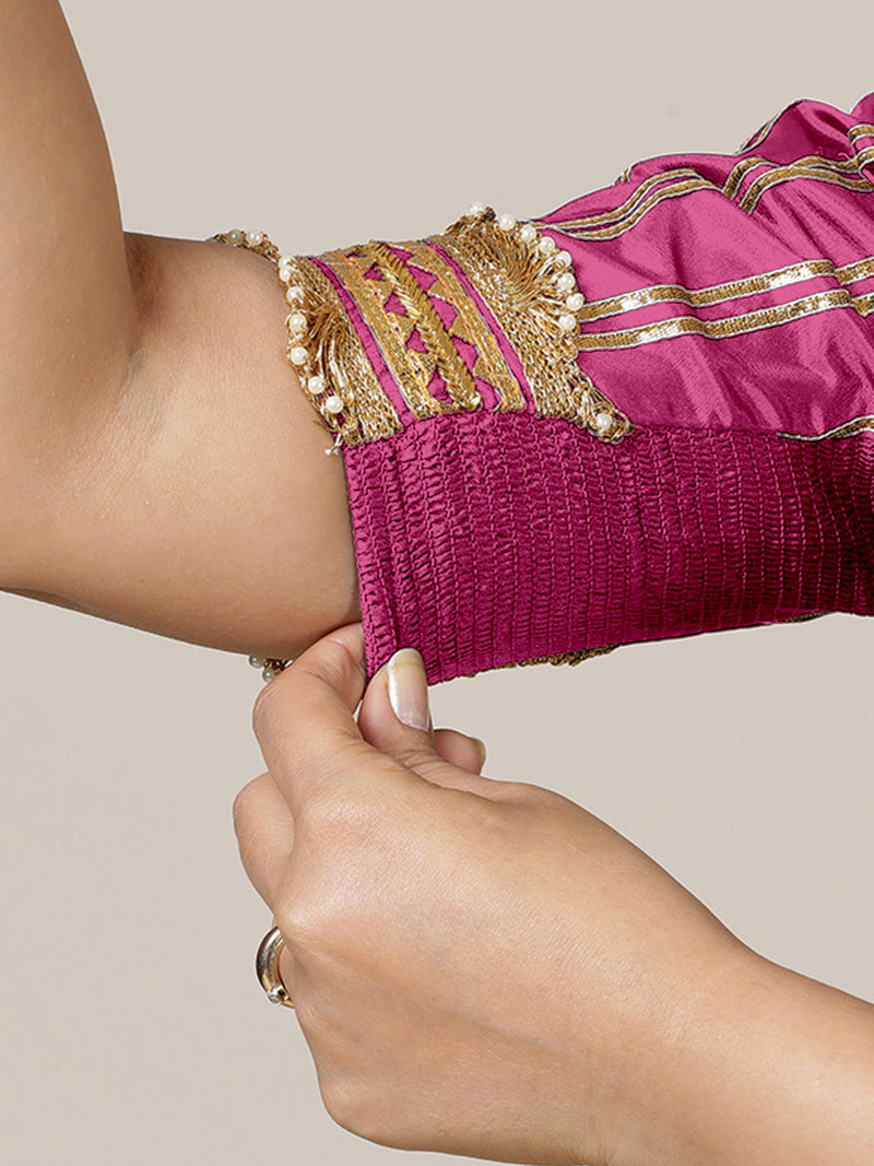 Aziza x Tyohaar | Elbow Sleeves Hot Pink FlexiFit™ Gota Embellished Saree Blouse with Square Neck-Binks