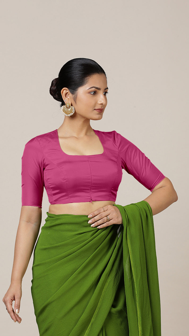 Aziza x Rozaana | Elbow Sleeves Hot Pink FlexiFit™ Saree Blouse with Square Neck-Binks