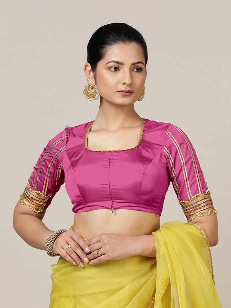Aziza x Tyohaar | Elbow Sleeves Hot Pink FlexiFit™ Gota Embellished Saree Blouse with Square Neck-Binks