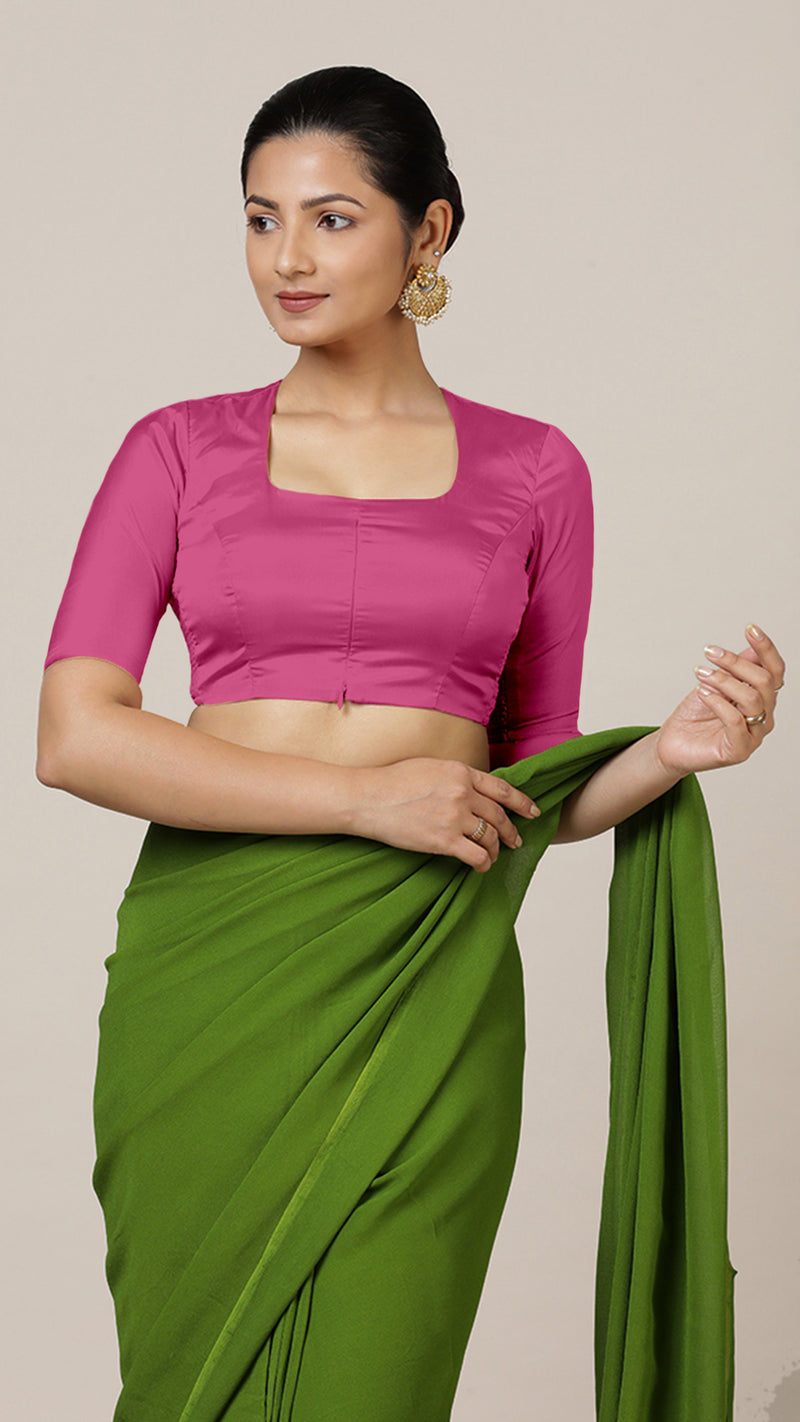 Aziza x Rozaana | Elbow Sleeves Hot Pink FlexiFit™ Saree Blouse with Square Neck-Binks