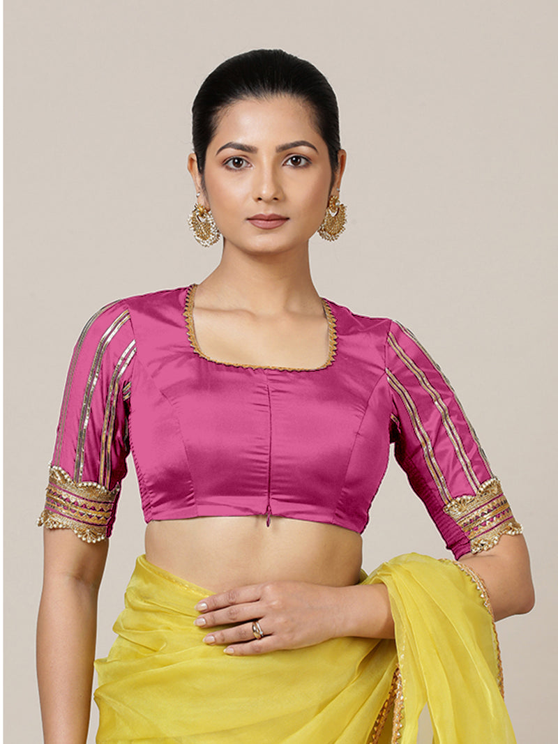 Aziza x Tyohaar | Elbow Sleeves Hot Pink FlexiFit™ Gota Embellished Saree Blouse with Square Neck-Binks