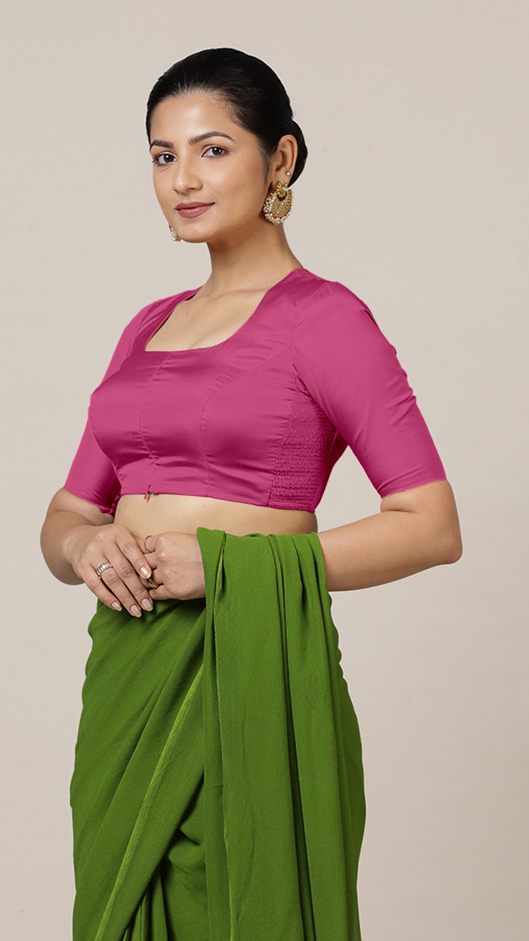 Aziza x Rozaana Saree Blouse, in Pink Artificial Silk, featuring elbow sleeves and square neckline, made for party & festive.