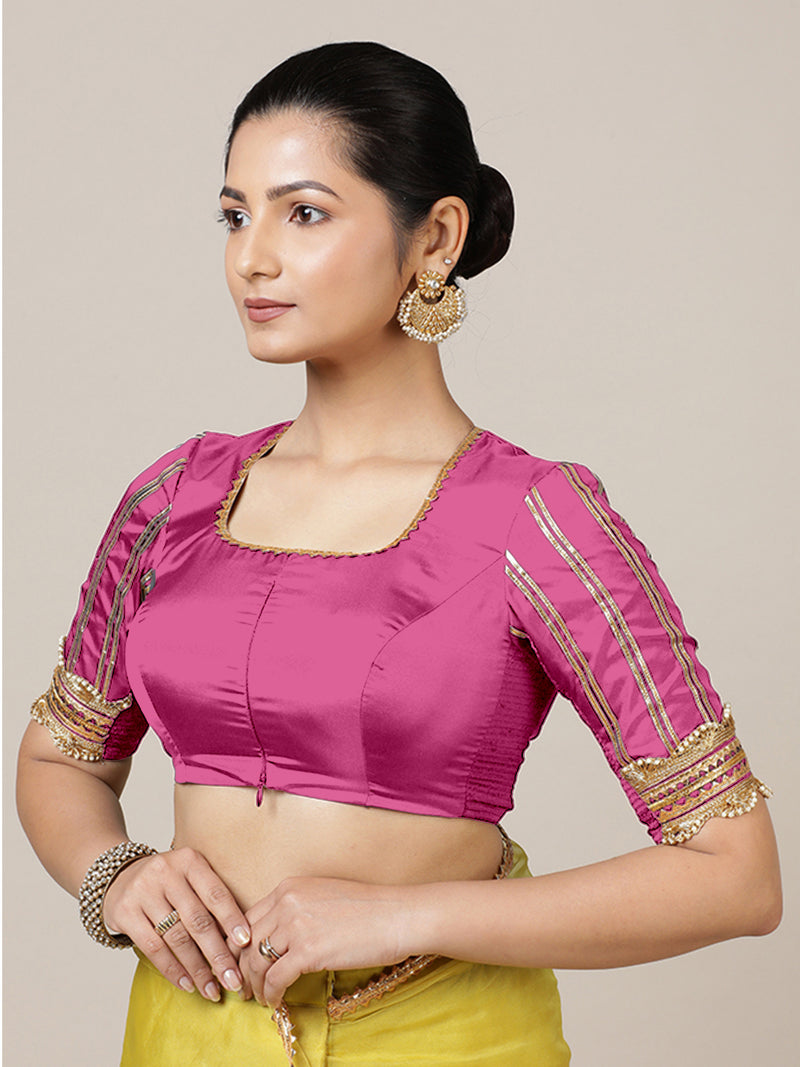 Aziza x Tyohaar | Elbow Sleeves Hot Pink FlexiFit™ Gota Embellished Saree Blouse with Square Neck-Binks